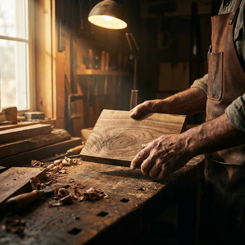 Artisan examining wood grain