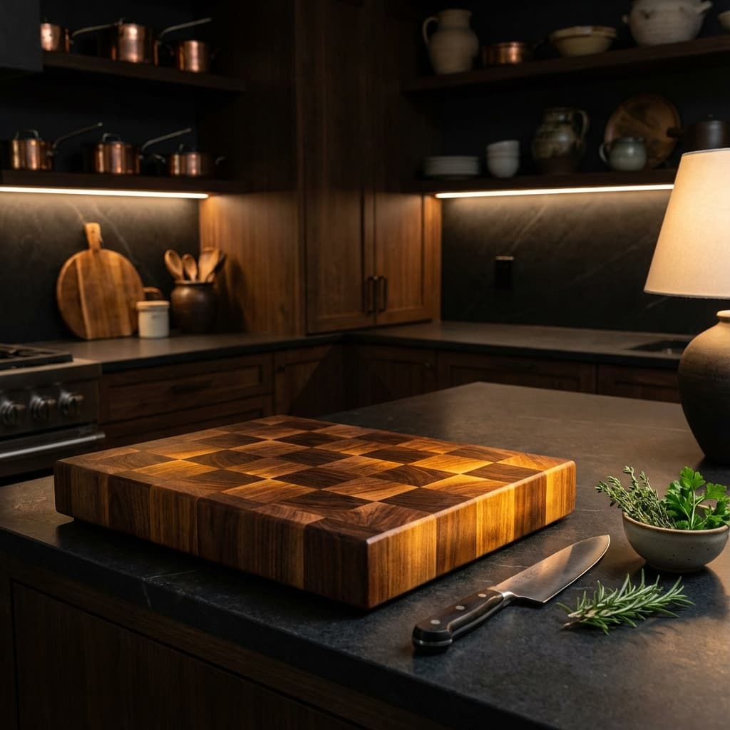 Finished cutting board in kitchen